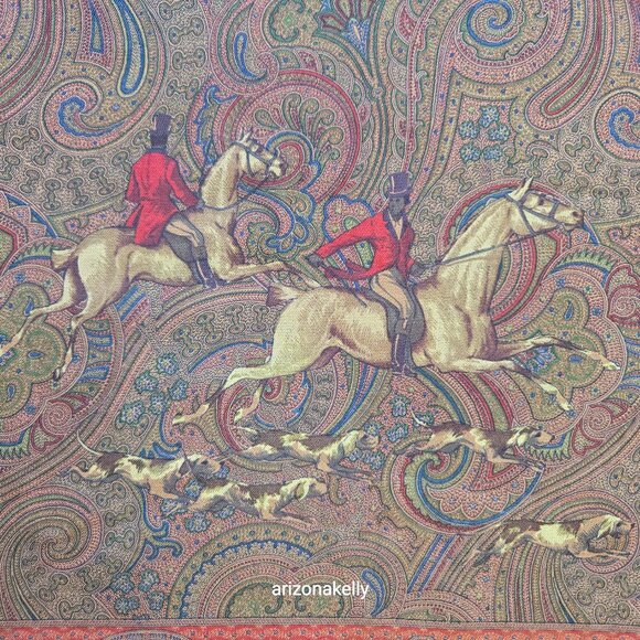 Vintage Ralph Lauren LARGE Wool Square Scarf Shawl Wrap Equestrian Hunting Dogs - Picture 7 of 16